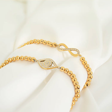 18K Gold PVD Stainless Steel Stone Heart Metal Beaded Stretch Bracelet 