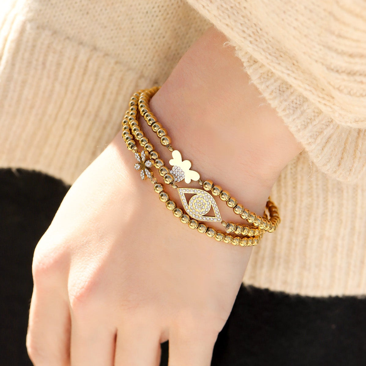 18K Gold PVD Stainless Steel Stone Flower Metal Beaded Stretch Bracelet