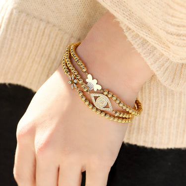 18K Gold PVD Stainless Steel Stone Bee Metal Beaded Stretch Bracelet