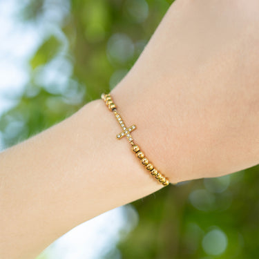 18K Gold PVD Stainless Steel Stone Cross Metal Beaded Stretch Bracelet 