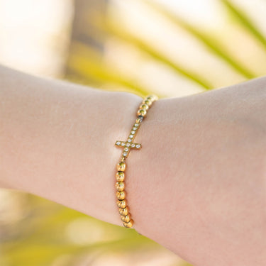 18K Gold PVD Stainless Steel Stone Cross Metal Beaded Stretch Bracelet 