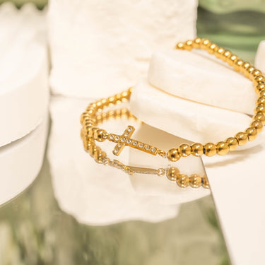 18K Gold PVD Stainless Steel Stone Cross Metal Beaded Stretch Bracelet 