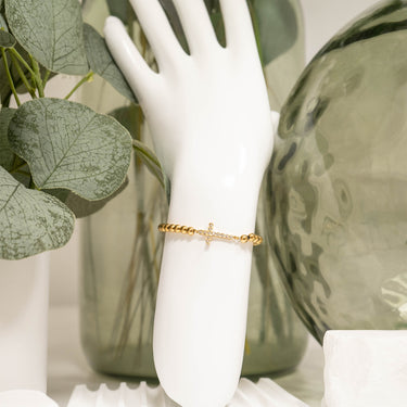 18K Gold PVD Stainless Steel Stone Cross Metal Beaded Stretch Bracelet 