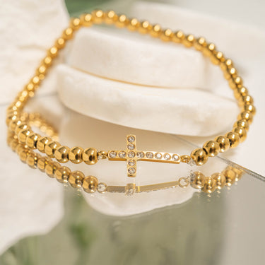 18K Gold PVD Stainless Steel Stone Cross Metal Beaded Stretch Bracelet 