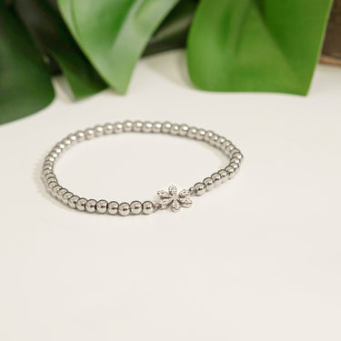 18K Gold PVD Stainless Steel Stone Flower Metal Beaded Stretch Bracelet