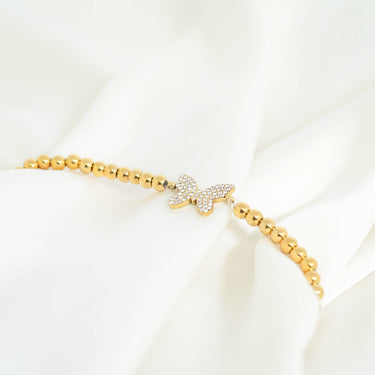 18K Gold PVD Stainless Steel Stone Butterfly Metal Beaded Stretch Bracelet / BRJ1021