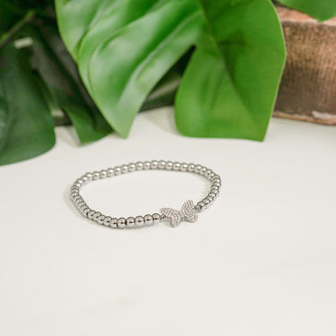 18K Gold PVD Stainless Steel Stone Butterfly Metal Beaded Stretch Bracelet / BRJ1021