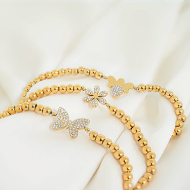 18K Gold PVD Stainless Steel Stone Flower Metal Beaded Stretch Bracelet