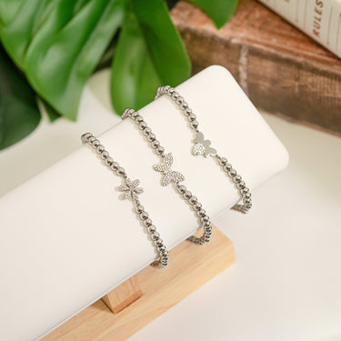 18K Gold PVD Stainless Steel Stone Flower Metal Beaded Stretch Bracelet