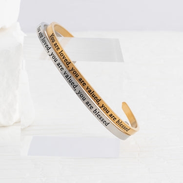 Wholesale jewelry 18K Gold PVD You are Loved Engraved Cuff Bracelet- gold and stainless studio