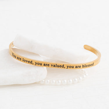 Wholesale jewelry 18K Gold PVD You are Loved Engraved Cuff Bracelet- gold studio