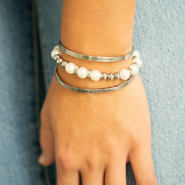 8mm Kiska Glass Pearl Stretch Bracelet, Engraved Bangle Bracelets