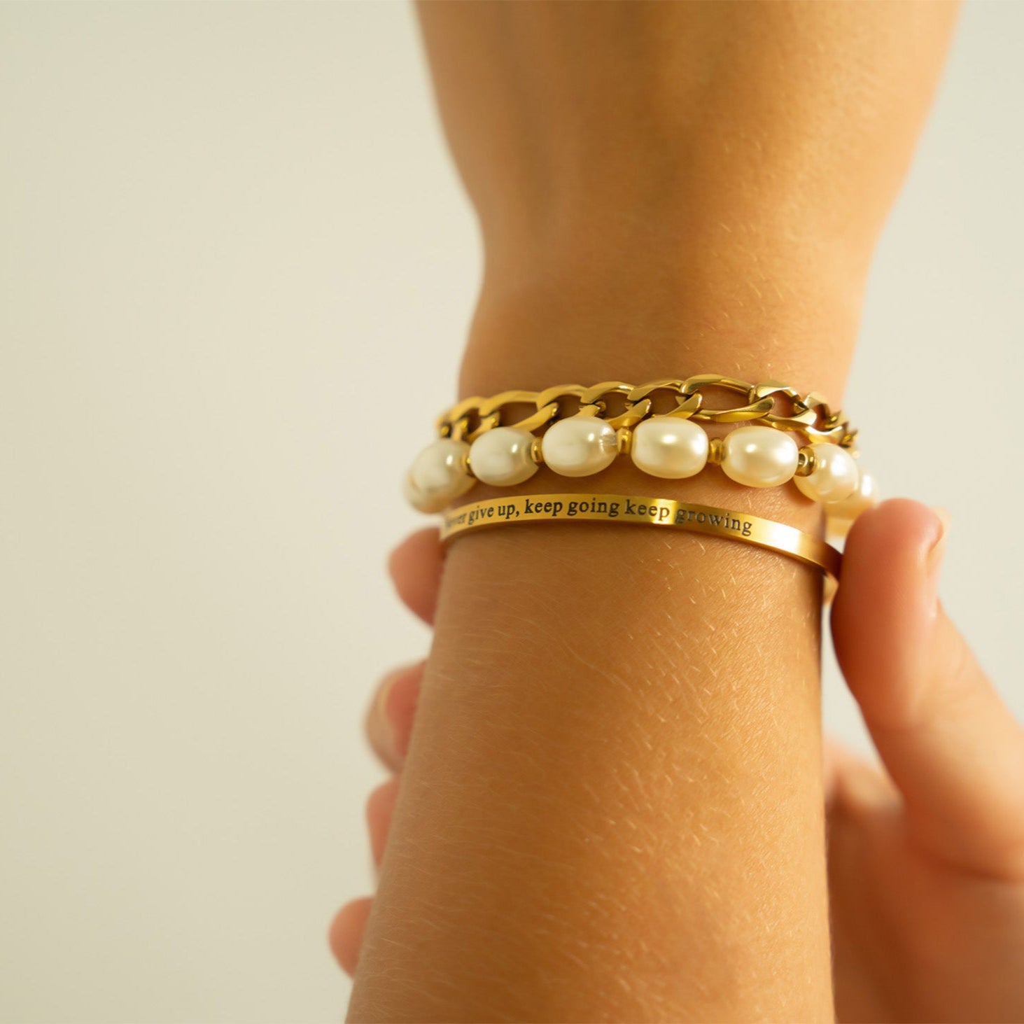 8mm Kiska Glass Pearl Stretch Bracelet with Bangle Bracelet, Figaro Bracelet