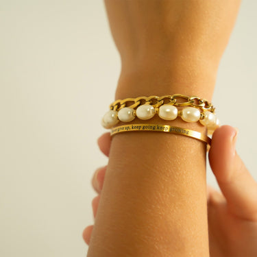 8mm Kiska Glass Pearl Stretch Bracelet with Bangle Bracelet, Figaro Bracelet