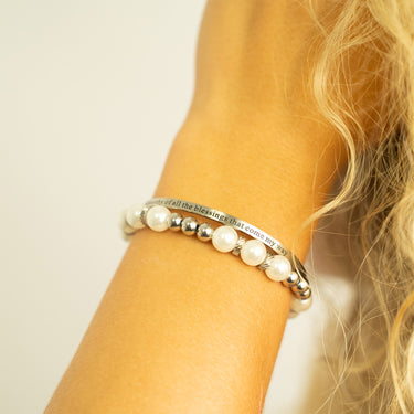 8mm Kiska Glass Pearl Stretch Bracelet, Engraved Bangle Bracelet