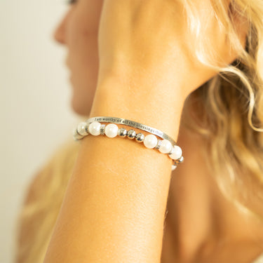 8mm Kiska Glass Pearl Stretch Bracelet, Engraved Bangle Bracelet