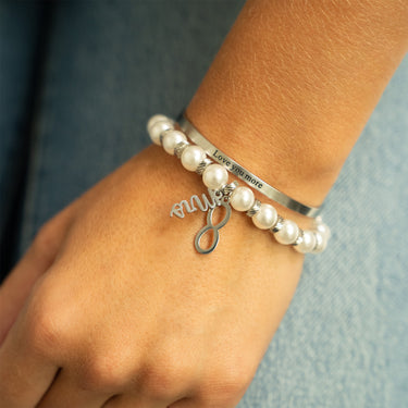 8mm Kiska Glass Pearl Stretch Bracelet with bangle bracelet