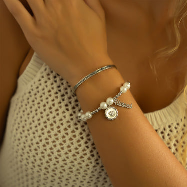 8mm Kiska Glass Pearl Stretch Bracelet, Bracelet with Charms, Engraved Bracelet