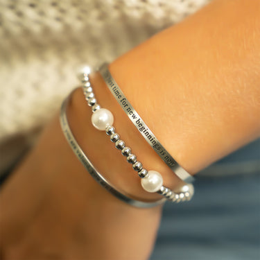 8mm Kiska Glass Pearl Stretch Bracelet with Engraved Bangle Bracelet
