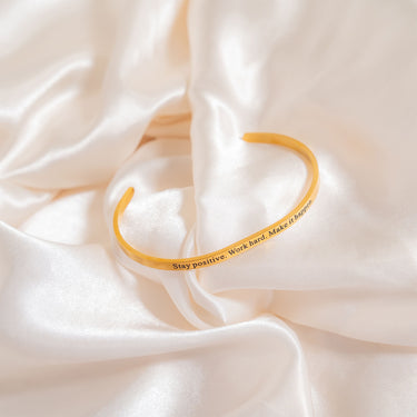 18K Gold PVD "Stay positive. Work hard. Make it happen" Engraved Bangle Bracelet