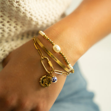 8mm Kiska Glass Pearl Stretch Bracelet, Engraved Bangle Bracelet, Paperclip Carabiner Bracelet with charms
