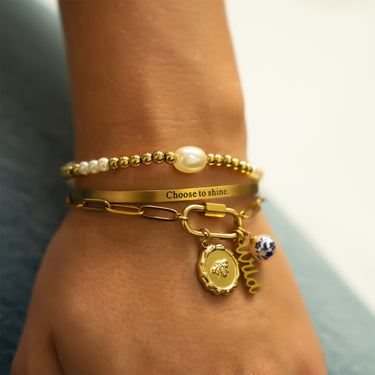 8mm Kiska Glass Pearl Stretch Bracelet, Engraved Bangle Bracelet, Paperclip Carabiner Bracelet with charms