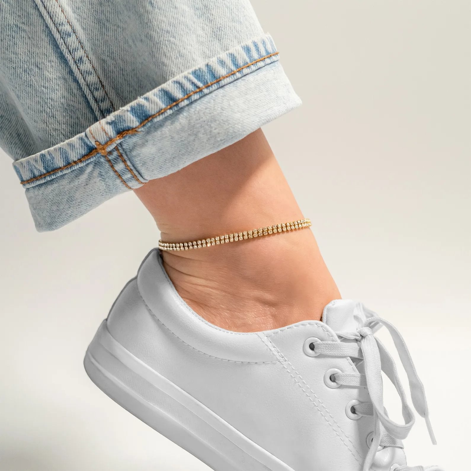 18K Gold PVD Stainless Steel Double Row Rhinestone Anklet / BRJ1057