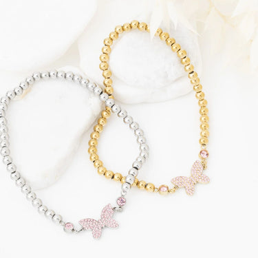 Wholesale jewelry 18K Gold PVD Stainless Steel Butterfly Beaded Stretch Bracelet - stainless and gold studio 