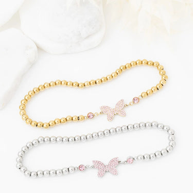 Wholesale jewelry 18K Gold PVD Stainless Steel Butterfly Beaded Stretch Bracelet - stainless and gold studio 