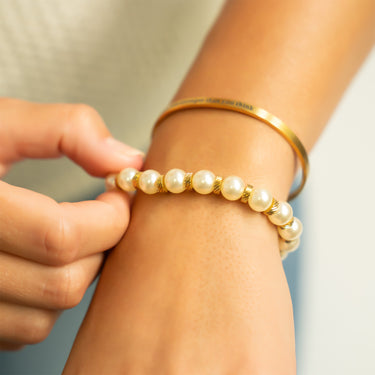 8mm Kiska Glass Pearl Stretch Bracelet with bangle bracelet