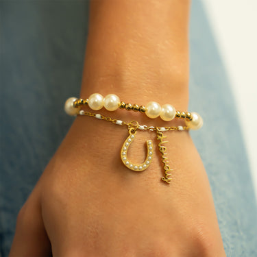 Script Howdy Charm w/ other charm on Bracelet with Pearl Bracelet