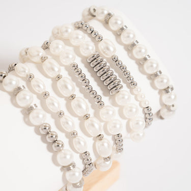 8mm Kiska Glass Pearl Stretch Bracelet with Bangle Bracelets stacked