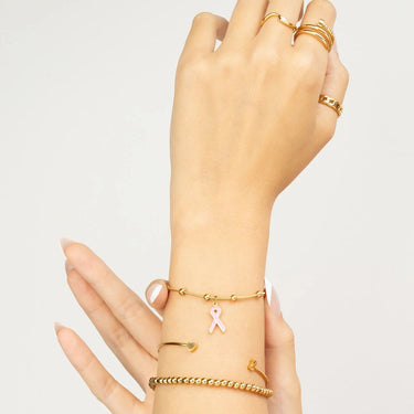 Wholesale jewelry 18K Gold PVD Stainless Steel Adjustable Bangle with Cancer Ribbon- gold model 