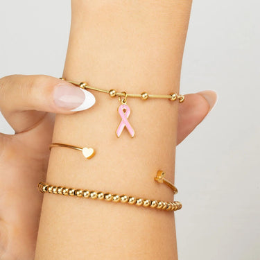 Wholesale jewelry 18K Gold PVD Stainless Steel Adjustable Bangle with Cancer Ribbon- gold model 