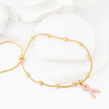 Wholesale jewelry 18K Gold PVD Stainless Steel Adjustable Bangle with Cancer Ribbon- gold studio 