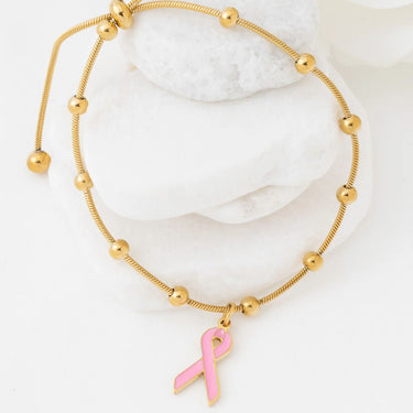 Wholesale jewelry 18K Gold PVD Stainless Steel Adjustable Bangle with Cancer Ribbon- gold studio 