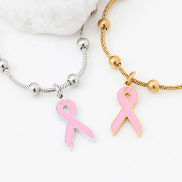 Wholesale jewelry 18K Gold PVD Stainless Steel Adjustable Bangle with Cancer Ribbon- stainless and gold studio 