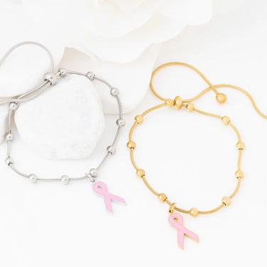 Wholesale jewelry 18K Gold PVD Stainless Steel Adjustable Bangle with Cancer Ribbon- stainless and gold studio 