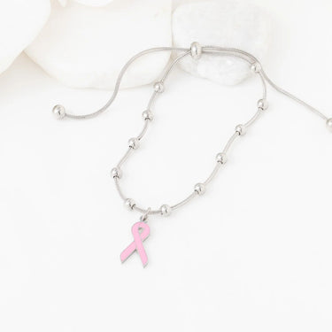 Wholesale jewelry 18K Gold PVD Stainless Steel Adjustable Bangle with Cancer Ribbon- stainless studio 