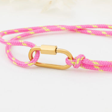 Wholesale jewelry 18K Gold PVD Stainless Steel Pink Rope Carabiner Bracelet - gold studio 