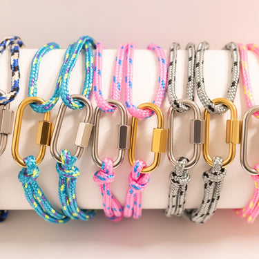 Gold / 18K Gold PVD Stainless Steel Pink Rope Carabiner Bracelet / BRJ109