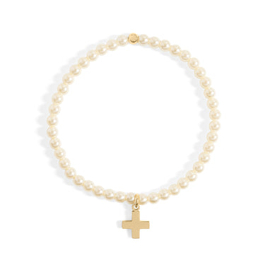 18K Gold PVD Stainless Steel Pearl Beaded Bracelet with Cross / BRJ1101