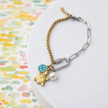 Mixed Metal Split Chain Paperclip Carabiner Bracelet