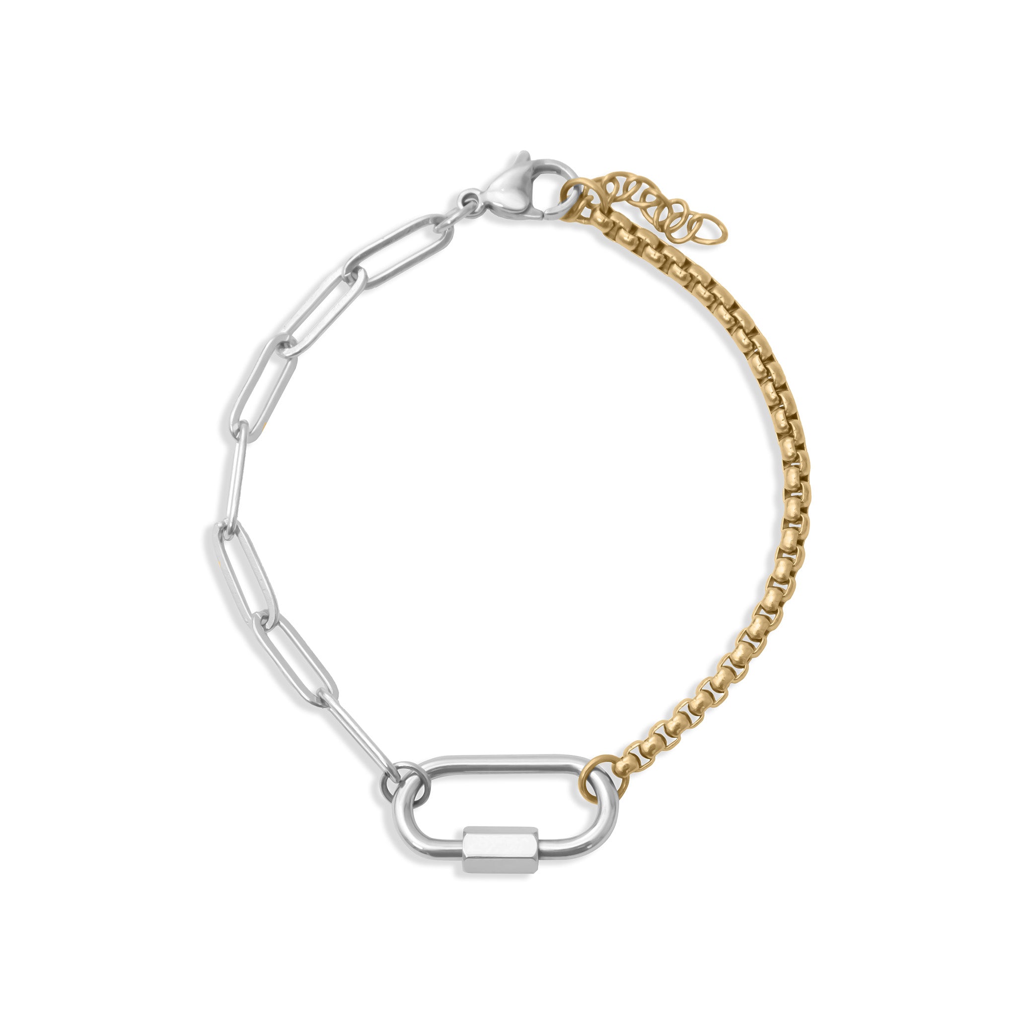 Mixed Metal Split Chain Paperclip Carabiner Bracelet