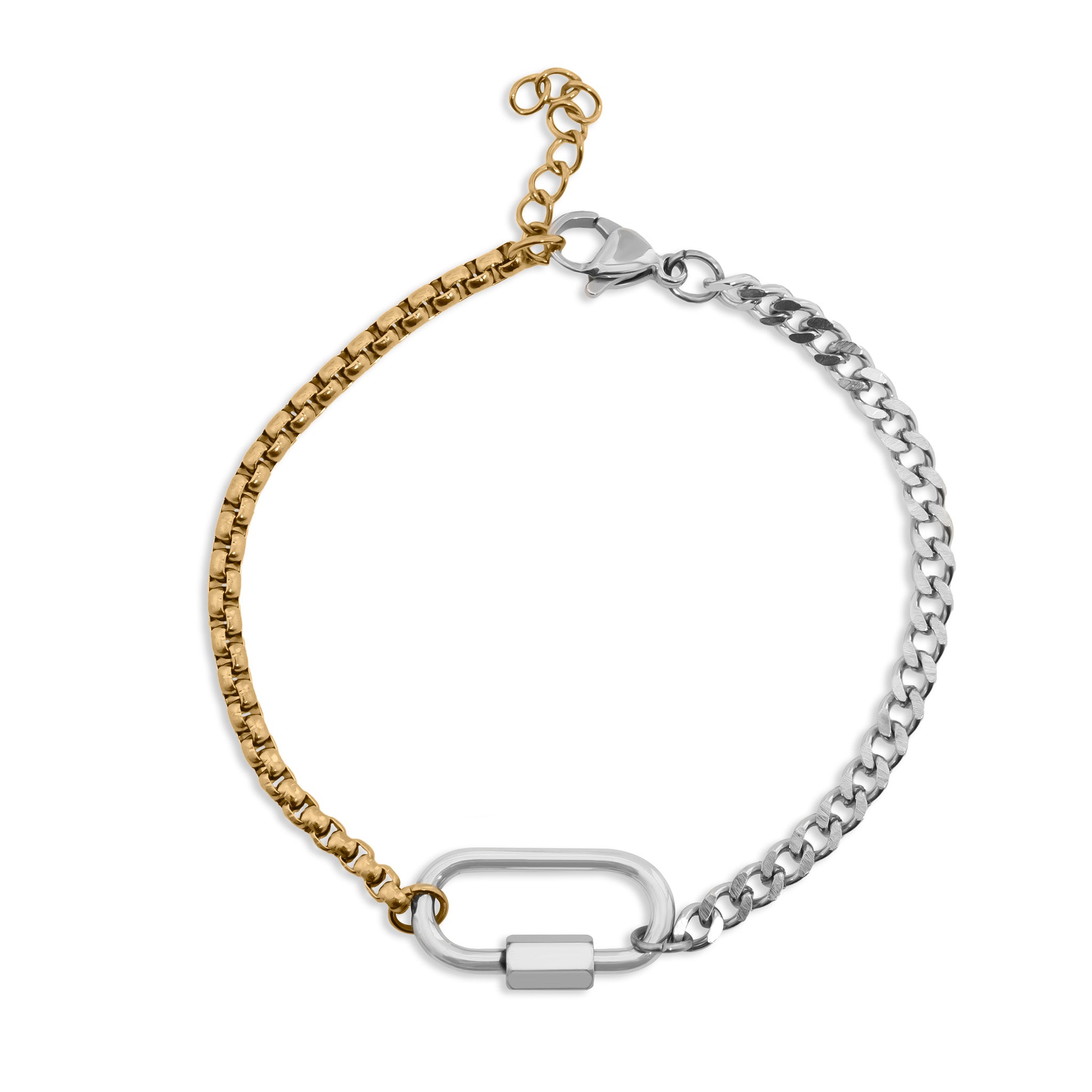 Mixed Metal Split Chain Curb Carabiner Bracelet