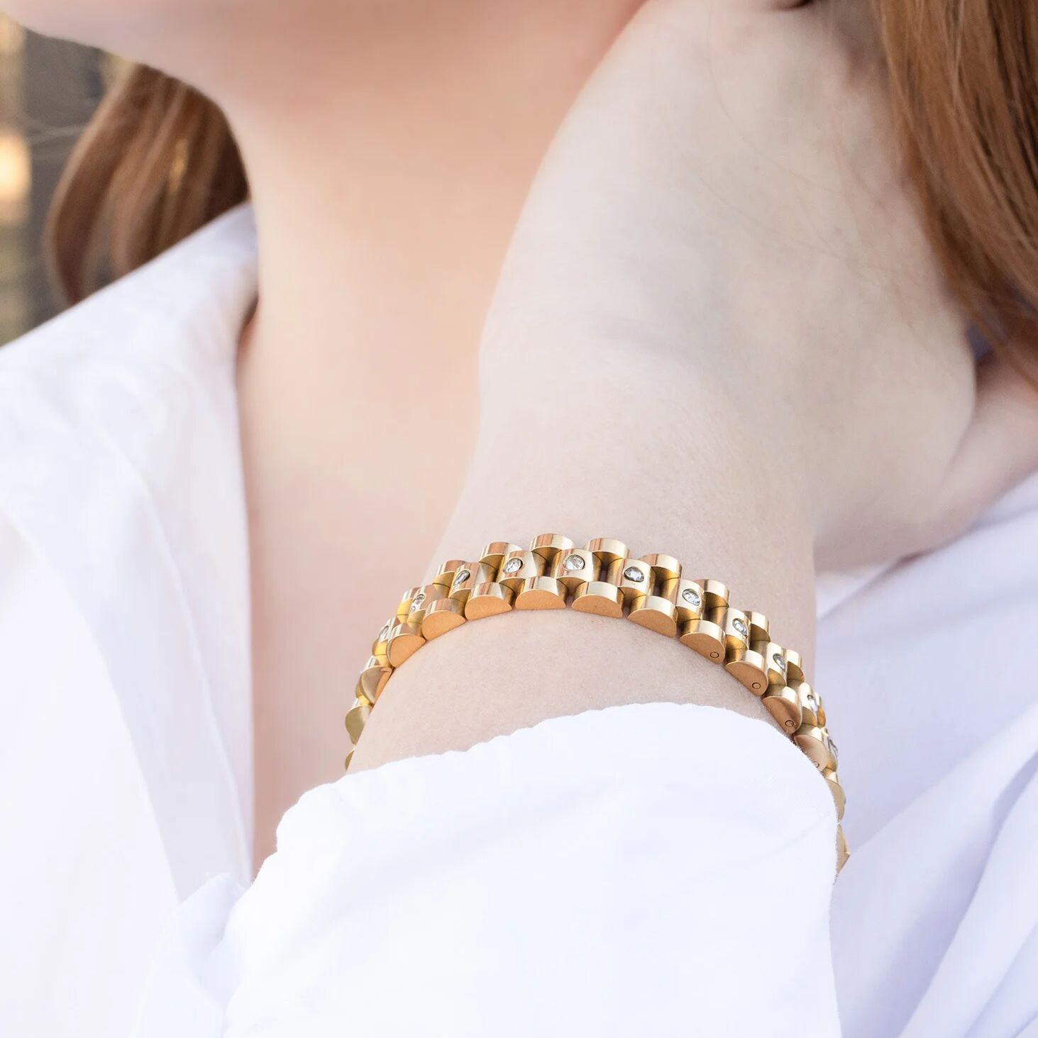 18K Gold Stainless Steel Watch With Stones Band Bracelet / BRJ1113