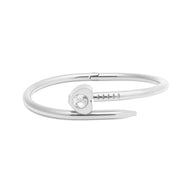 Silver bracelet with a small round gemstone on a white background