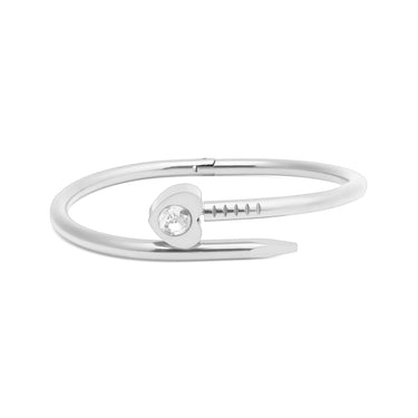 Silver bracelet with a small round gemstone on a white background