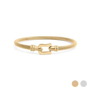 Gold bracelet with a buckle clasp on a white background