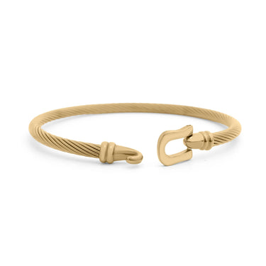 Gold bracelet with an opened buckle clasp on a white background